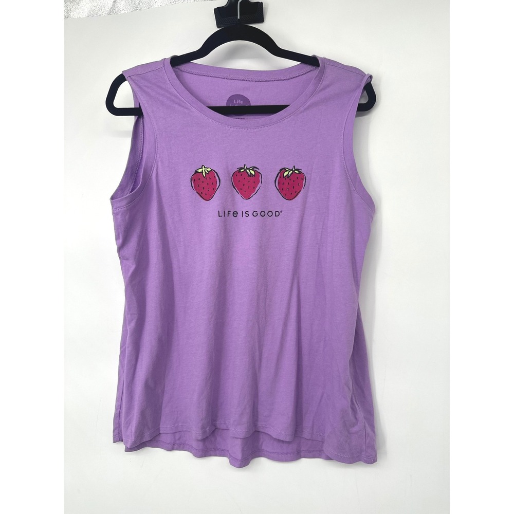 Life Is Good Tank Top Women M Purple Strawberry Graphic Sleeveless Cottagecore
